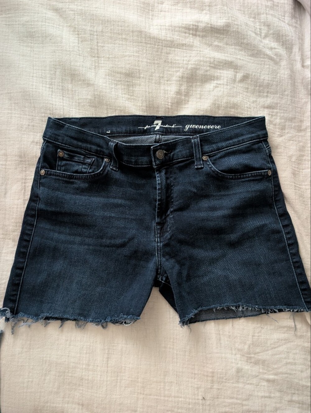 7 For All Mankind Dark Indigo Frayed-Hem Jean Shorts
